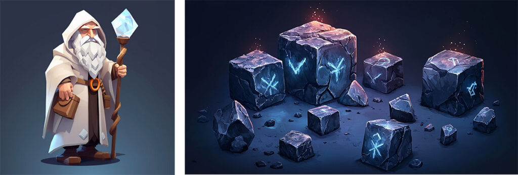 Gäelith the druid and stone cubes with magic runes.