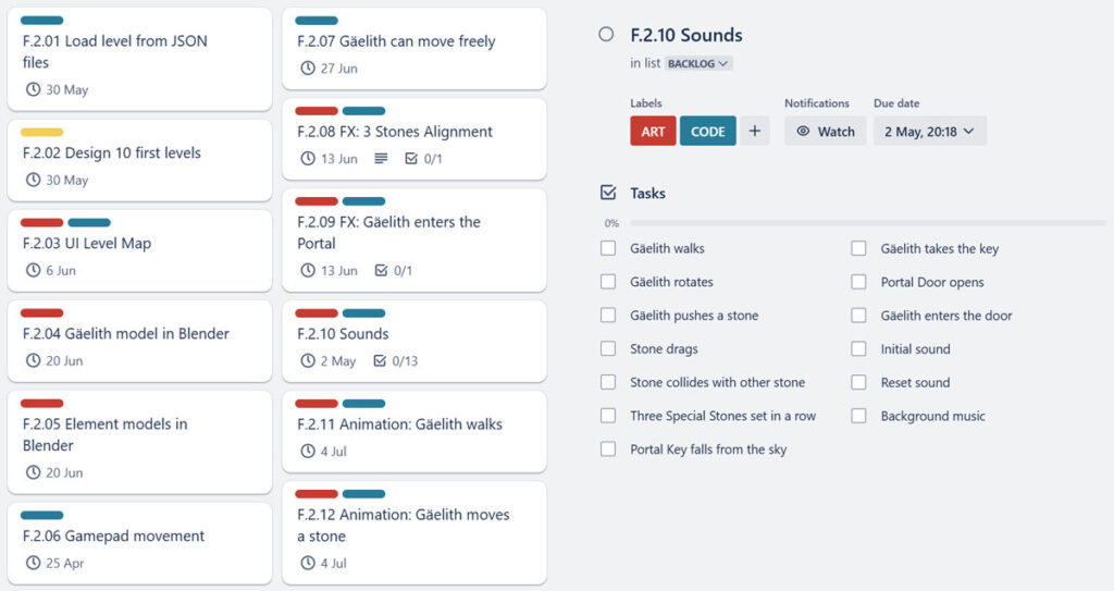 All the features defined for Iteration 002 of the Gäelith game development
