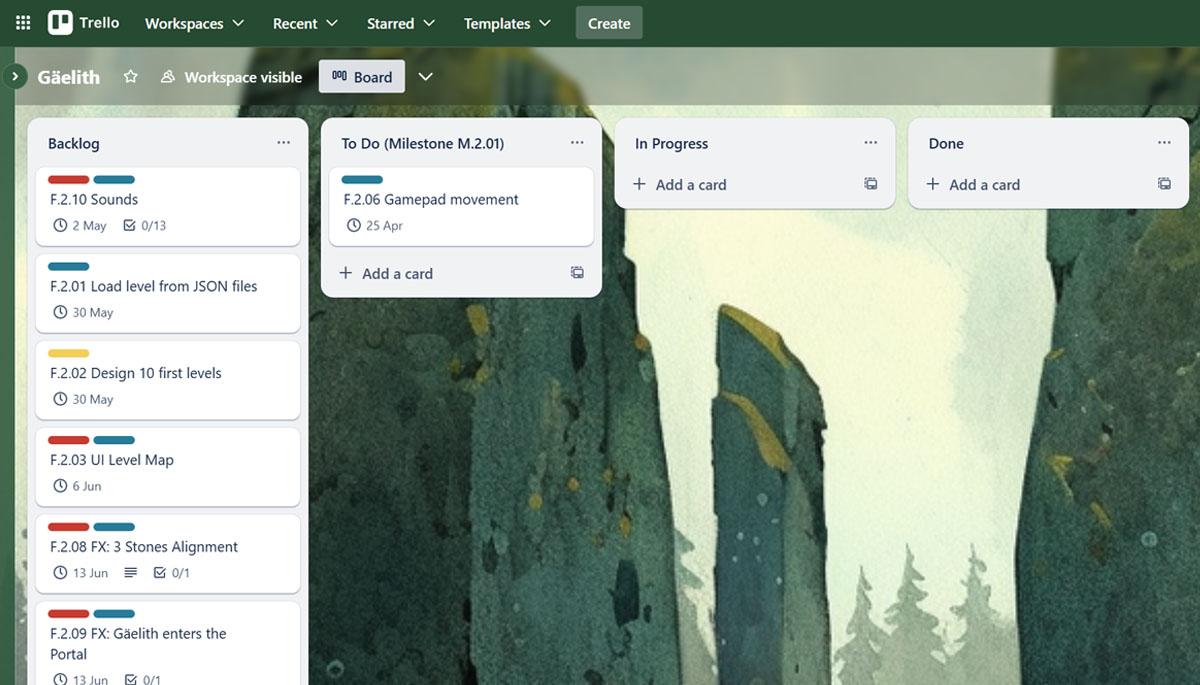 Gäelith Trello board, second iteration